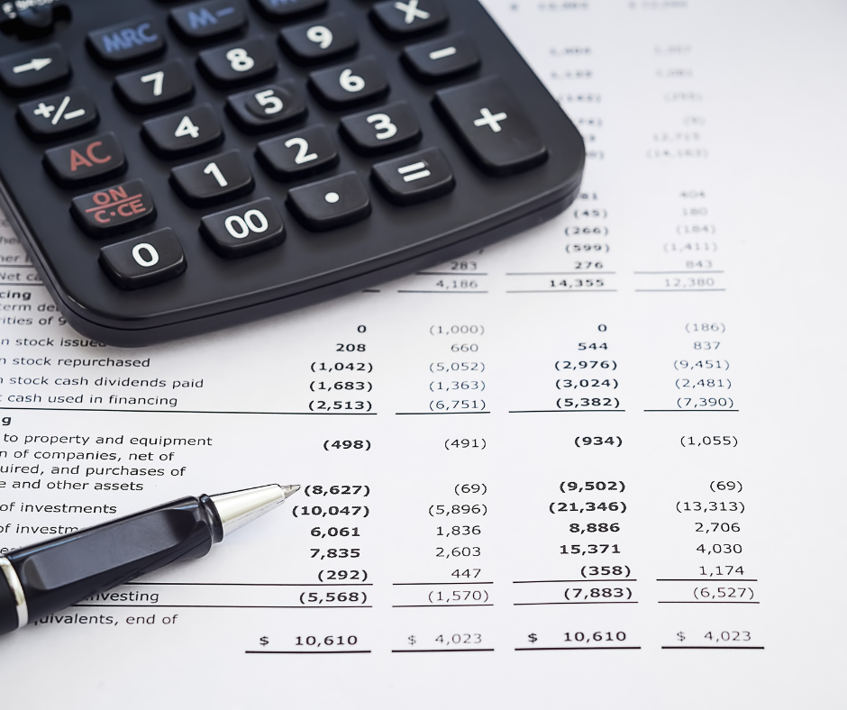 balance sheet, calculator and pen