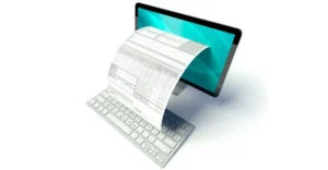 a document sticking out of a desktop computer showing its an online document